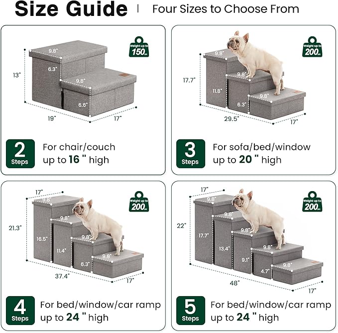 Love's cabin Dog Stairs for High Bed 22" H, Foldable Pet Stairs for Small Medium or Large Dogs Puppy with Storage for Bed or Couch, Cat Dog Steps Ramp with Zip up to 200 lbs, Solid Grey, 5 Steps