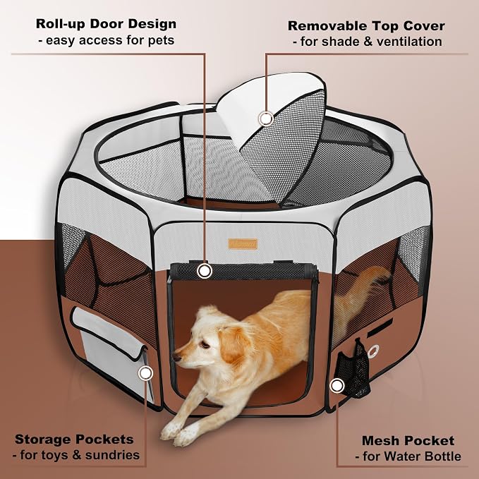 Portable Foldable Dog Playpen - Pet Tent, Brown