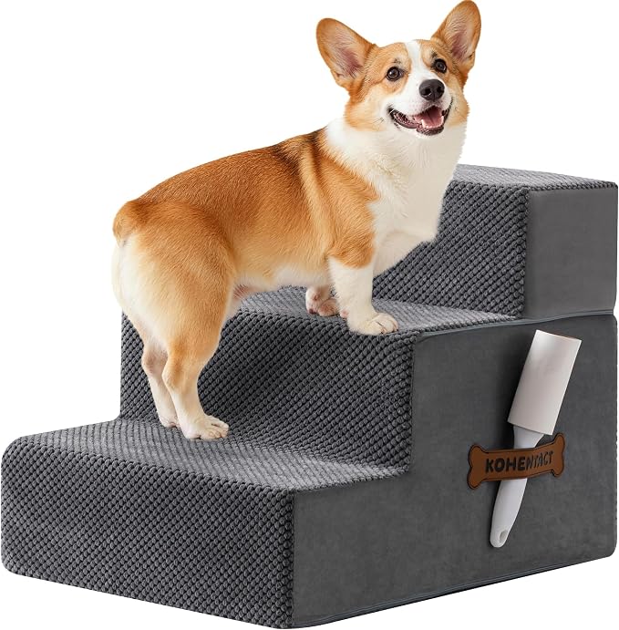 Dog Stairs, Steps and Ramp for High Bed & Sofa, 13-24" H Detachable Pet Stairs for Small Medium Dogs, Sturdy 40D Foam, Non-Slip, Washable Cover with Lint Roller, Grey