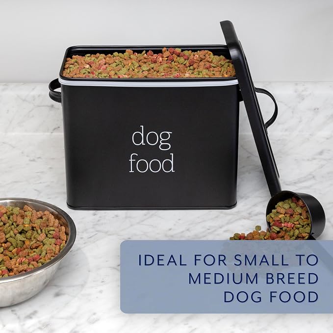 AuldHome Design Retro Dog Food Canister (Black); Modern Farmhouse Style Storage Bin for Pet, Stainless Steel, Black