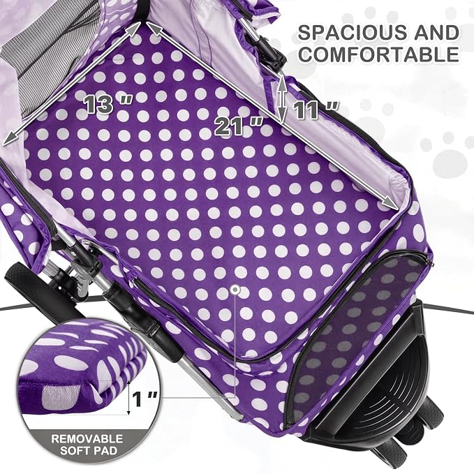 MoNiBloom Foldable Pet Stroller - Purple Polka Dots, 3 Wheels
