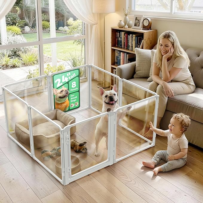 FXW AuraSpace Pro Acrylic Indoor Dog Playpen, Heavy-Duty with Metal Frame, 24" Height 8 Panels for Puppies & Small Dogs, White│Patented