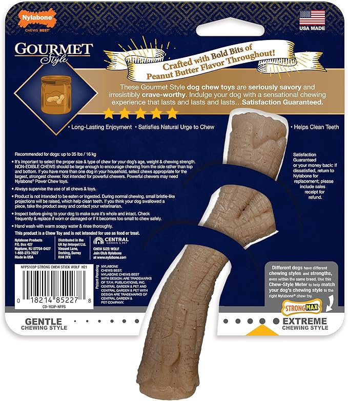 Nylabone Strong Chew Gourmet Style Stick Dog Chew Toy, Peanut Butter Flavor | Medium breeds, durable chew toys, long lasting, encourages healthy chewing, helps clean teeth, for dogs up to 35 lbs