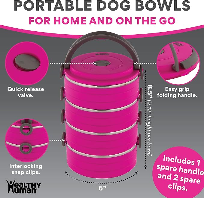 Healthy Human Travel Pet Bento Bowls, 4 Pack, Pink