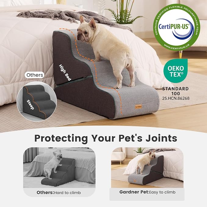 Gardner Pet Dog Stairs for Small Dogs 22.4" H, Large 2 in 1 Transformable 3-Step Pet Stairs and ramp, Dog Steps for High Bed (22-27") with Non-Slip Waterproof Cover CertiPUR-US Certified Foam, Grey