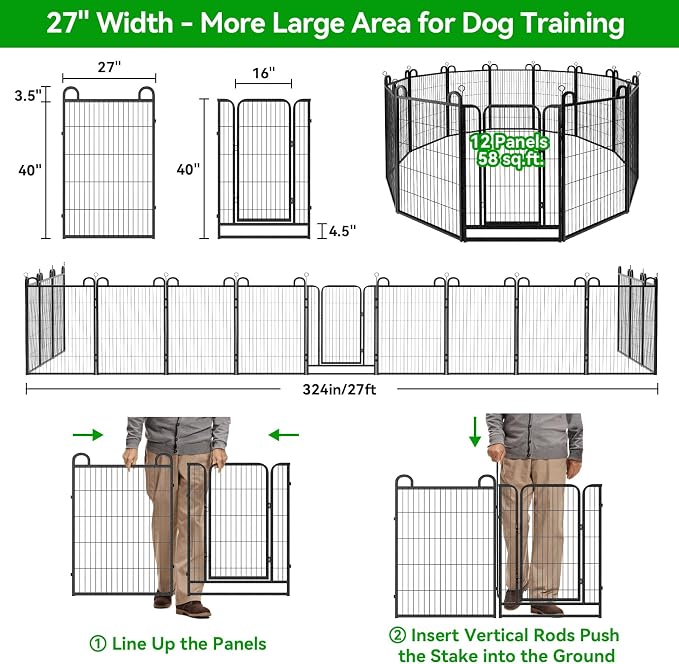 Anti-Rust Dog Playpen, 40in 12 Panels, Snowy Black