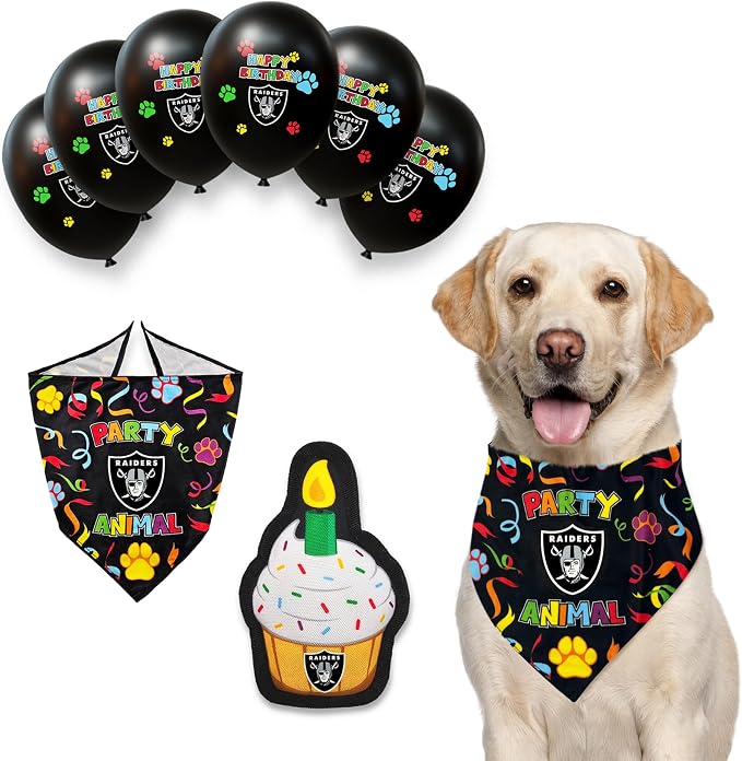 NFL LAS Vegas Raiders Dog Birthday Party Set 8pcs with 1 Football Bandana Large/X-Large, 1 Birthday Cake Toy & 6 B-Day Balloons, Dog Birthday Set, Costume, Fun Doggie Party Accesories