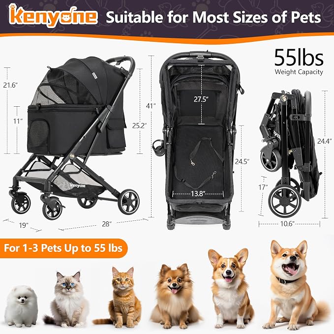 Kenyone Medium Dog Stroller - Up to 55lbs, No Zip Entry