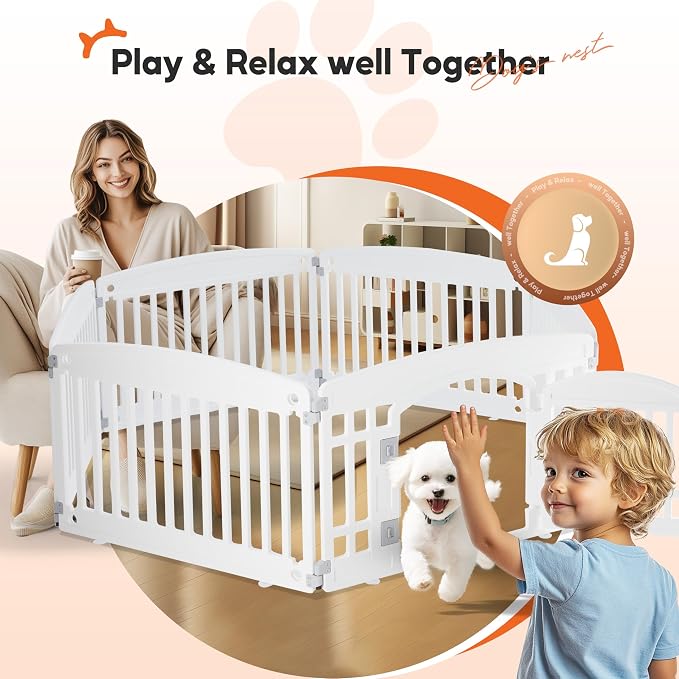 HealSmart 24 Inch 6-Panel Pet Playpen, Sturdy Dog Playpen with Safety Locking Door, Foldable & Portable Design for Puppies, Small & Medium Dogs, White