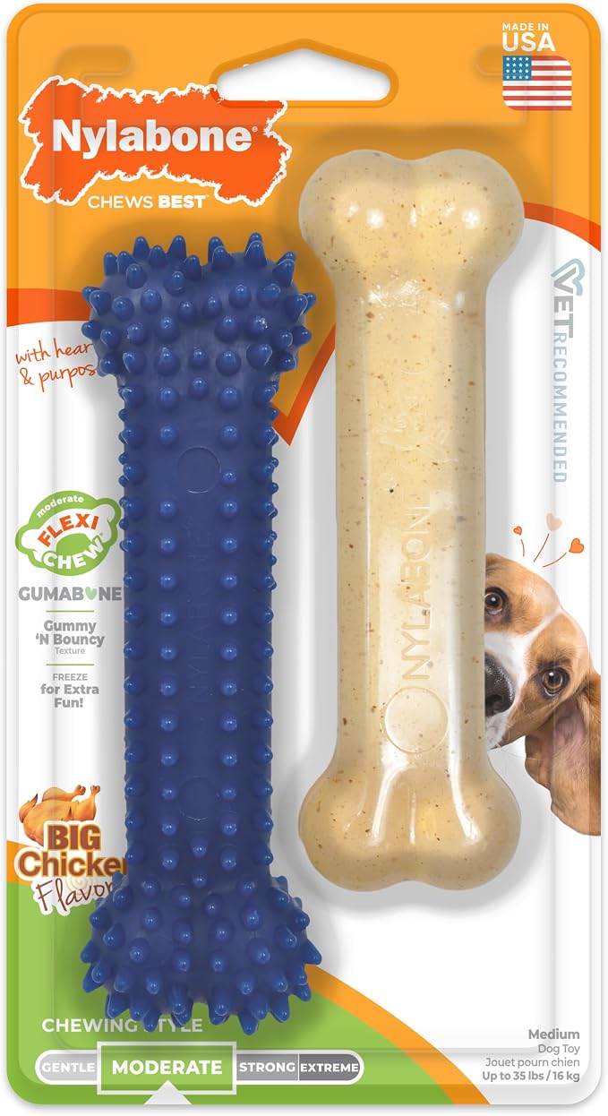 Nylabone Flexi Chew Original Bone & Textured Bone Dog Chew Toys, 2 Count | Chicken flavor, medium breeds, flexible material, gentle on teeth, freezable, great for seniors, for dogs up to 35 lbs