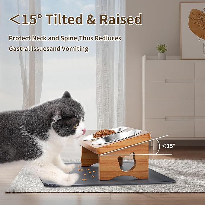 Elevated Cat Bowls with Silicone Mat, 15° Tilted Solid Wood Stand, Raised Stainless Steel Food & Water Dishes for Cats and Small Dogs, Anti-Vomiting Design(Teak)