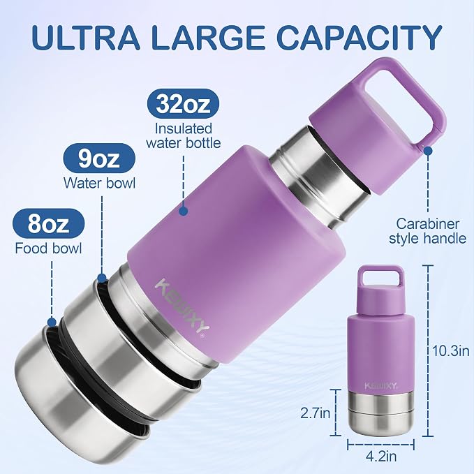 KEWIXY Insulated Dog Travel Water Bottle with Detachable Bowls, 32oz, Lavender