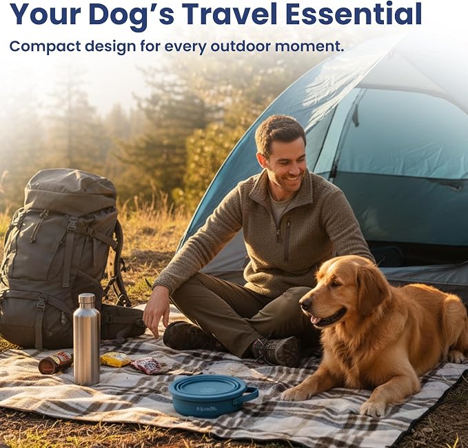 PawsPik 2-in-1 Travel Dog & Cat Bowl, Stainless Steel & Silicone, Midnight Summit Blue