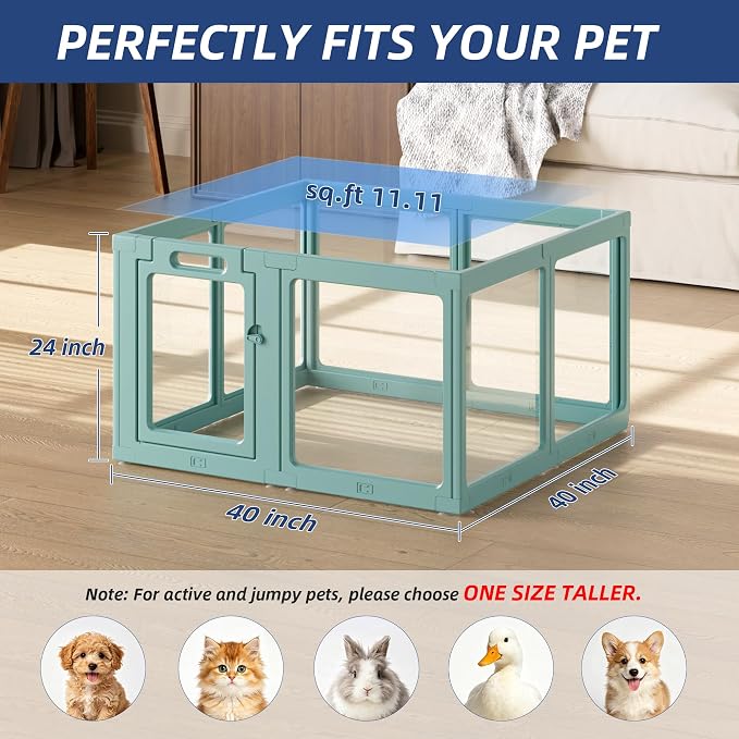 Clear Acrylic Dog Playpen Indoor, Puppy Cat Small Pet Play Pen, Pet Cat Playpen for Rabbits, Dog Fence Crate Kennel Whelping Cage (Green, 8 Panel) 1