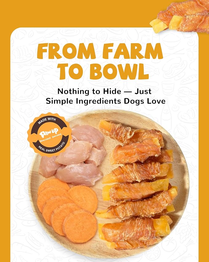 PAWUP Dog Treats Chicken Jerky Wrapped Sweet Potato, Natural Ingredients w/Taurine, Grain Free Dog Treats, 12.5 oz