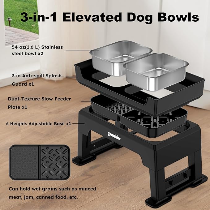 ZOMISIA 3-in-1 Elevated Dog Bowls - 6 Height Adjustable Raised Dog Bowl Stand, Double Deck Design Mess Proof, Feeding Station with 2 Stainless Steel Bowls & Licking Plate for Small Medium Large Pets