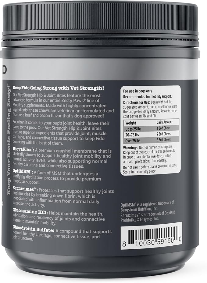 Zesty Paws Vet Strength Mobility Bites Beef & Bacon Flavor Hip & Joint Support Chews for Dogs with Glucosamine, Chondroitin, MSM, Hyaluronic Acid & Serrazimes - 90 Count (Pack of 2)