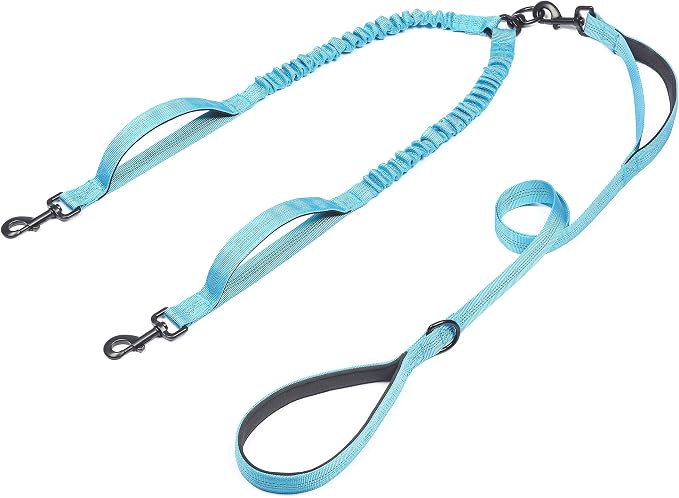 iYoShop Double Dog Leash with 3 Extra Traffic Handles, 15-120 lbs, Blue | 360 Swivel No Tangle, Dual Dog Walking, Shock Absorbing Reflective Bungee, for Two Dogs