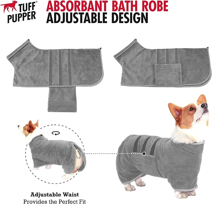 Tuff Pupper Fast Drying Dog Bath Robe | 800 GSM Plush Dog Towel Bathrobe/Dressing Gown | Super Absorbent Pet/Puppy Bathrobe | Adjustable Hood & Belly Strap | Super Soft | Fast Drying (XL, Gray)