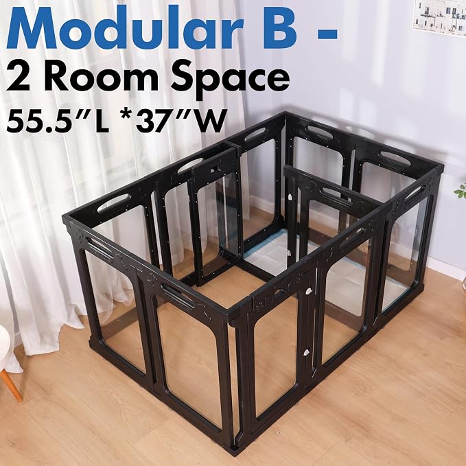 12 Panels Clear Dog Playpen, Modular 2 Room & Toilet Area, Height 30", Ideal for Small & Toy Dogs, Black