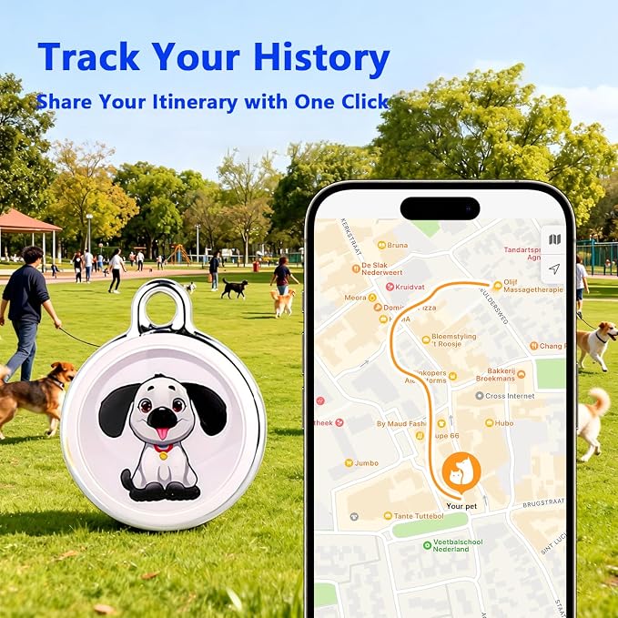 GPS Pet Tracker for Dogs & Cats, No SIM Card or Monthly Fees, iOS & Android | 1-Minute Location Updates, 1-Year Replaceable Battery, IPX7 Waterproof Design with Built-In Attachment Loop