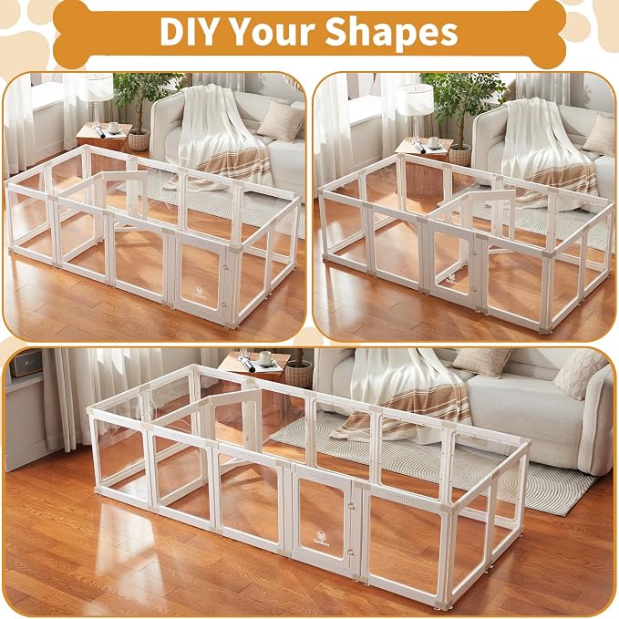 Acrylic Dog Playpen Indoor for Small Dogs & Puppies, 2 Rooms Clear Pet Playpen with Modern No-Bar Design, 23.6" Easy Assemble Puppy Play Pen, Escape-Proof & Sturdy (14 Panels, White)