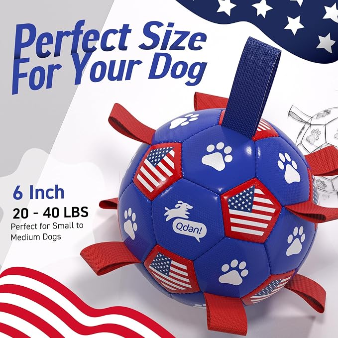 QDAN Dog Toys, Dog Soccer Ball with Straps, Herding Ball for Small Dogs | 6 Inch Dog Toy Ball for 20-40 lbs Dogs, Outside Dog Toys for Beach Pool Water Fun to Keep Them Busy, Puppy Birthday Present