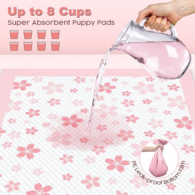 MIZOK Dog Pee Pads Extra Large 28"x34", Potty Pads for Big Dog Breeds, Super Absorbent & Leak-Proof, Pink Cherry Blossom Prints, Thick & Heavy, 4-Corner Adhesive Tabs, XL (30 Counts)