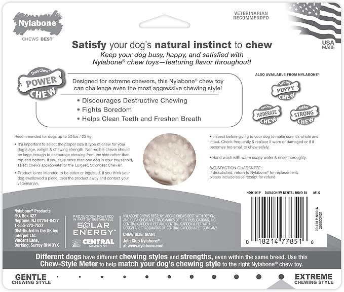 Nylabone Power Chew Dental Dinosaur Dog Chew Toy, Chicken Flavor, Large | Large breeds, durable dog toys for aggressive chewers, long lasting, discourages destructive chewing, for dogs up to 50 lbs