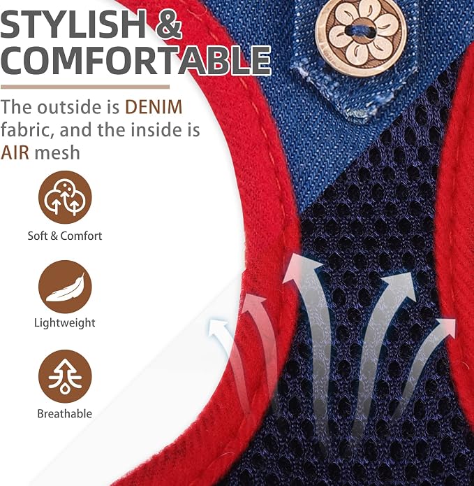 PUPTECK Dog Harness and Leash Set for Small Medium Dogs No Pull Step-in Soft Mesh Puppy Cat Vest Harnesses Reflective at Night, Denim NavyBlue S