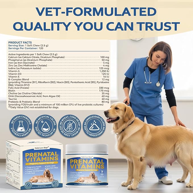 Dog Prenatal Vitamins - Supports Pregnancy Wellness, Puppy Growth & Lactation and Recovery | Riched Essential Nutrients - DHA, Folic Acid,Iron, Calcium | Advanced Multivitamin for Pregnant and Nursing