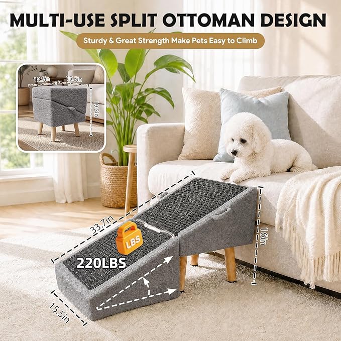 16" H Dog Stairs & Ramp for Small Dogs, 2-in-1 Foldable Wooden Dog Ramp for Low Bed and Couch, Non-Slip Split Ottoman Pet Ramp, Safe for Puppies, Senior, Injured Dogs, Grey