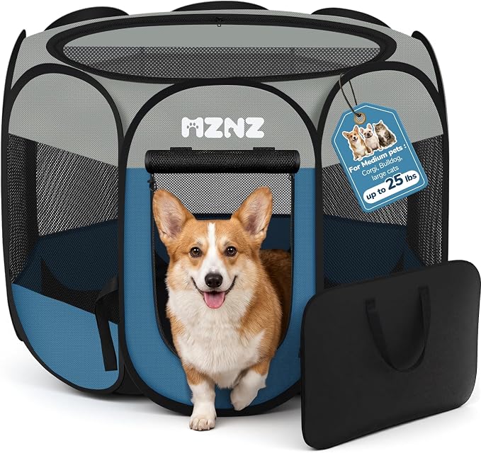 Dog Cat Playpen, Portable Puppy Pet Crate Indoors for Small/Medium Dogs Cats Rabbits, Foldable Dog Cage Enclosure for Outdoor, Pop Up Dogs Tent Kennel with Carrying Case, Grey Blue