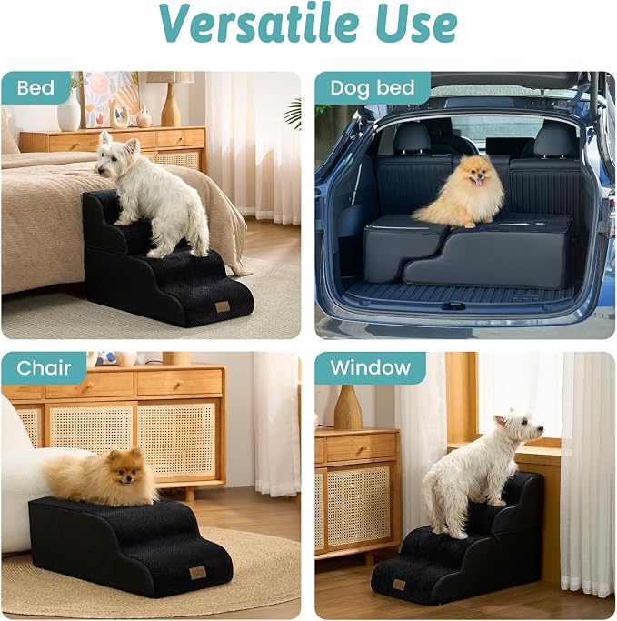 COZY KISS Detachable Curved Dog Stairs 19.7" H, 4 Step Small Dog Step for Puppy or Older Cat, Ramp for Bed, Sofa, Couch or Chair, Ladder with High Density Foam, 15.7x28.3x19.7 inch, Black