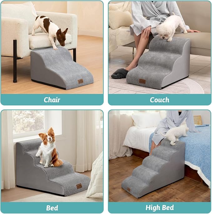 COZY KISS Dog Stairs for Small Dogs 19.7" H, Curved Dog Step for Puppy, Older or Cat, Medium Pet Ramp for Sofa, Couch or Bed, Ladder with High Density Foam, 4 Step, 15.7x28.3x19.7 inch, Grey
