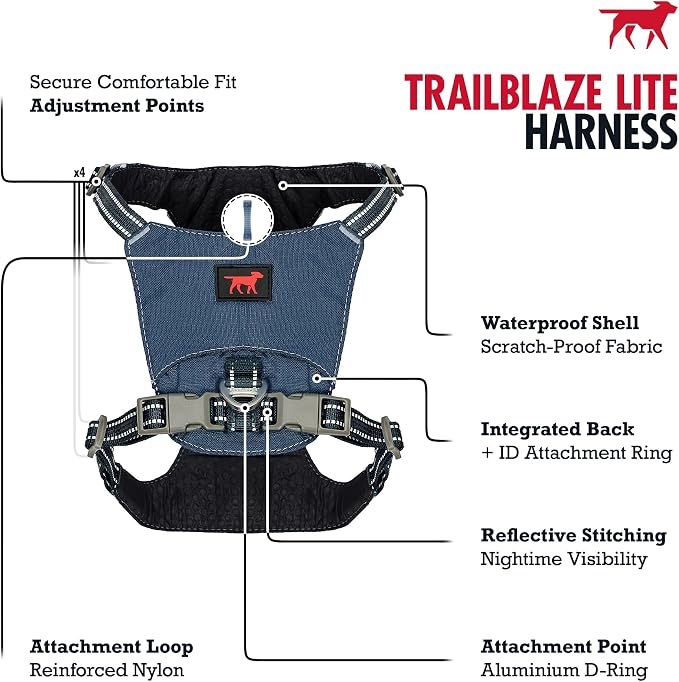 Tuff Pupper All-Day Wear Dog Harness | for Walking, Trail Running, Hiking | Front & Back Leash Clips | Reflective Trim | Easy On/Off Buckles | Lightweight Breathable | No Pull Design (Medium, Blue)