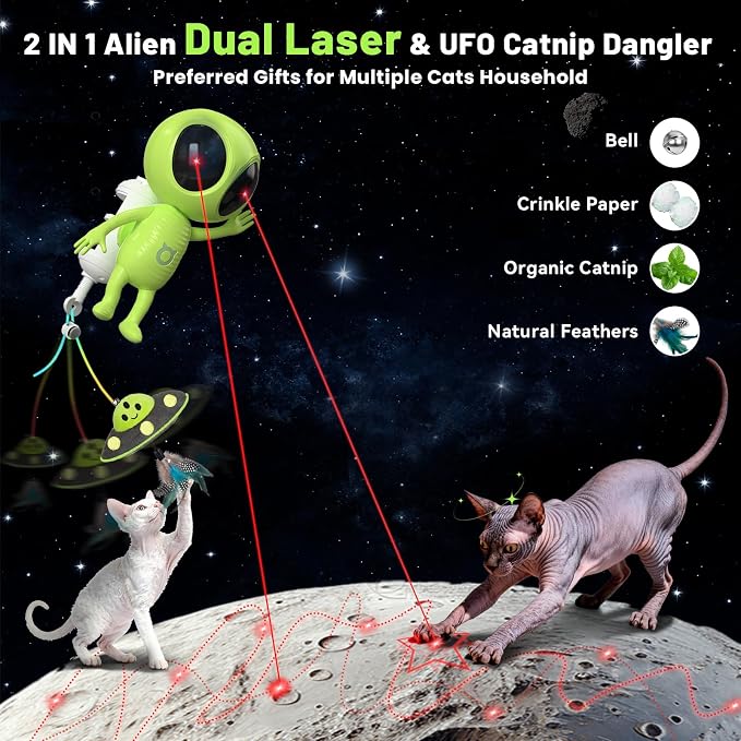 ORSDA Laser Cat Toys for Indoor Cats, 2 in 1 Interactive Automatic Dual Laser & Catnip UFO Dangler for Kitten Toys, Truly Random Trajectory Radar Motion-Activated, Rechargeable 4 Modes, Clamp Design