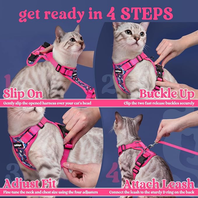 rabbitgoo Cat Harness and Leash Set, Escape Proof Vest, Coconut Fuchsia | Soft Breathable Mesh, Easy Adjustable Fit, Snap Buckles, Sturdy Clip, Reflective Strips, for Kittens & Small Cats Walks, Xxs