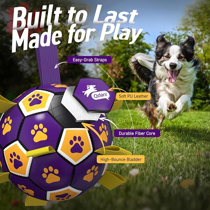 QDAN Dog Ropes Toys, Soccer Ball with Straps, Interactive Dog Toys for Tug of War, Dog Water Toy, Durable Balls for Medium Large Dogs（8 Inch） | 8 Inch Soccer Toy with Straps, Dog Tug Toy for Tug of War, Puppy Birthday Gifts, Training Herding Balls for ...