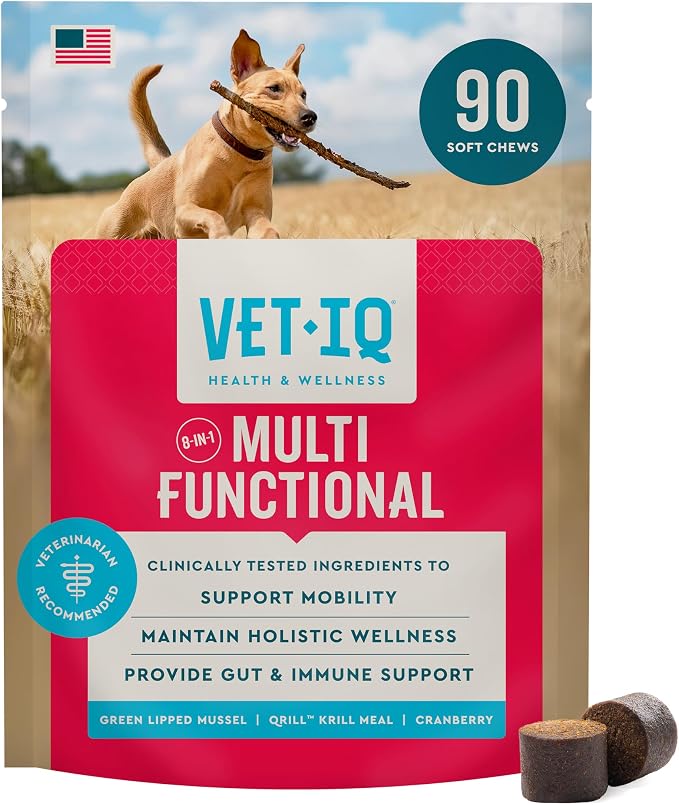 VetIQ 8-in-1 Multifunctional Dog Supplement Chews, 90ct | Supports hip & joint, urinary, immune, skin & heart health; 8-in-1 daily soft chew; made in USA; all-in-one wellness