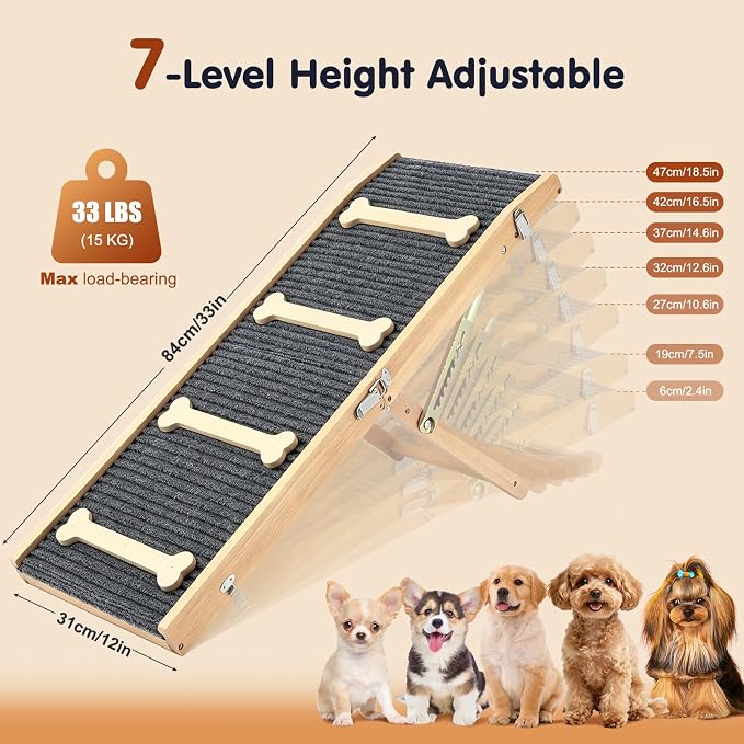 Pawaboo 2026 Upgraded Dog Ramp for Couch, Foldable Small Dog Ramp for Sofa with 7 Adjustable Heights from 2.2" to 18.5", Portable Non-Slip Pet Ramps for Couch Sofa, Wood