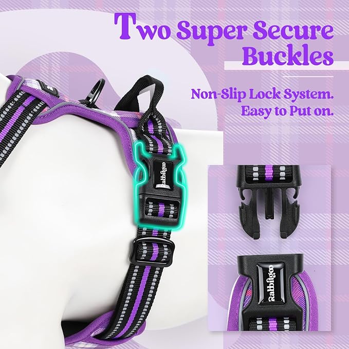 rabbitgoo Dog Harness, No Pull Medium Sized with 2 Leash Clips, Pet Vest | No Choke with Handle, Adjustable Soft Padded, Reflective, Easy Control for Walking, Purple Plaid, Medium