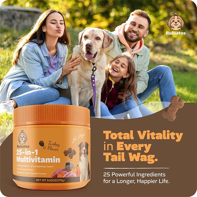 25-in-1 Dog Multivitamin, Chewable Supplements for Hip & Joints, Immune System, Gut & Digestive, Calming & Allergy Support, Omega 3 for Puppy & Seniors Dogs - 90ct (Turkey)