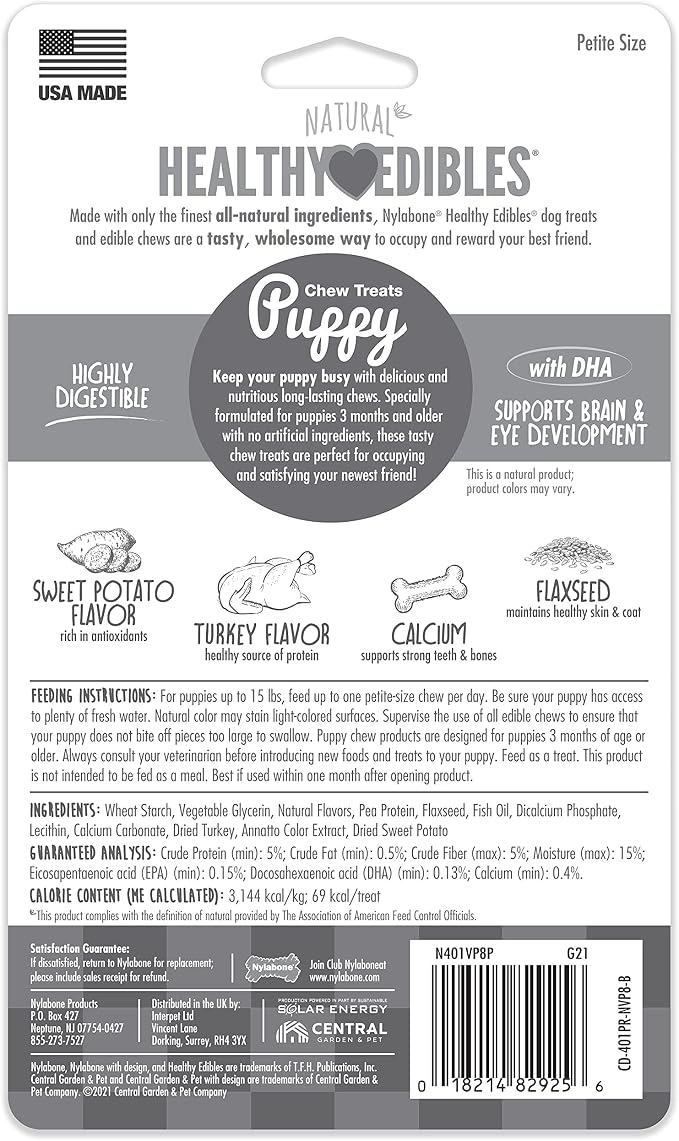 Nylabone Healthy Edibles Natural Puppy Chews Long Lasting Treats for Puppies, Turkey & Sweet Potato Flavor, X-Small/Petite (8 Count)