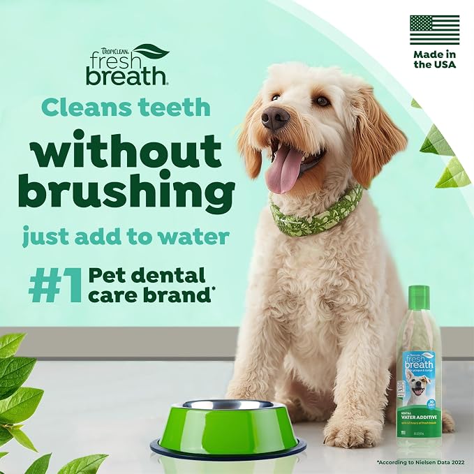 TropiClean Fresh Breath Water Additive for Dogs, Dog Breath Freshener, 16oz | Freshens Breath & Cleans Teeth | No Toothpaste or Toothbrush Required