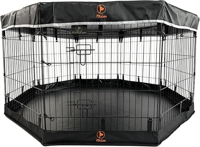PJYuCien Octagonal Dog Playpen with Top Cover and Bottom Pad - Metal Foldable Exercise Pen, 8 Panels 30" H x 24" W Indoor Outdoor Pet Fence Puppy Crate Kennel, Black