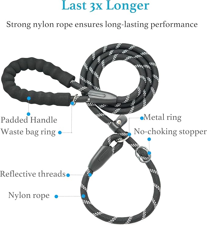 iYoShop Durable Slip Lead Dog Leash, 1/2" x 6 FT, Black | Padded Handle, Reflective Threads, No Pull, Dog Training Leash