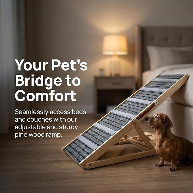 Dog Ramp for Couch and Bed, Portable Pet Ramp with 6 Adjustable Heights (14''-25''), Stable Pine Wood Pet Steps with Non-Slip Surface for Small Dogs and Cats