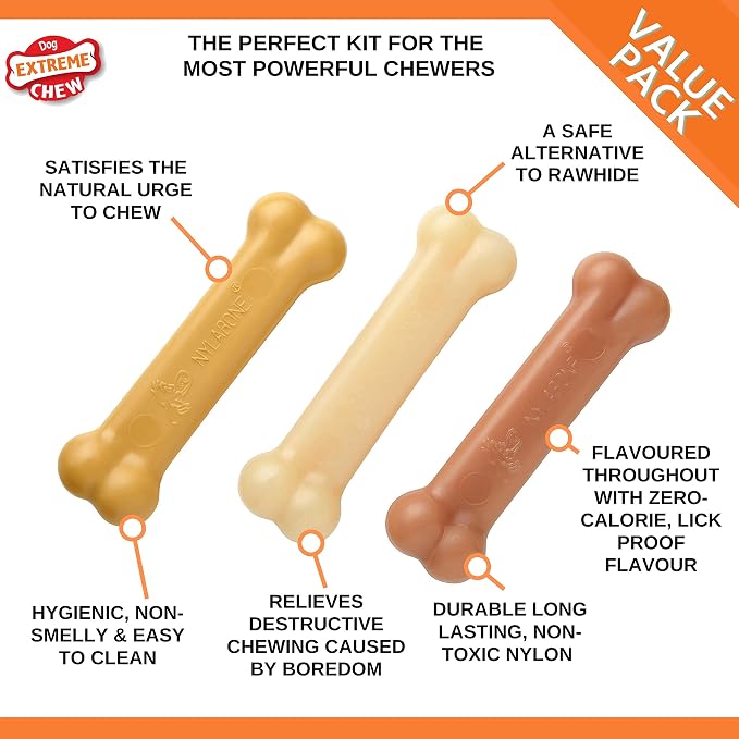 Nylabone Extreme Tough Dog Chew Toy Bones, Peanut Butter, Chicken, Bacon Flavoured, 3-Piece, Small, for Dogs Up to 11 kg