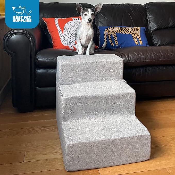 Best Pet Supplies Non-Slip Foam Dog Stair & Pet Ramp, Balanced Indoor Step Support - Foldable Stair, Ash Gray Linen,3-Step